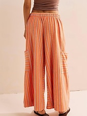 abordables jambe large et taille haute-Femmes Slacks Pantalons Streetwear Occasionnel Longueur complète Naturel Rayé Avec Poches Conception à cordon élastique Confortable Extérieur Rue Sortir Rouge orangé Bleu ciel clair Marine fonc