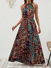billiga Boho klänningar-Dam Maxiklänning A linjeklänning Off Shoulder Klänning Semester Ledigt Boho Utomhus Utekväll Normal Grafisk Paisley Ärmlös Halterneck Blå Purpur Brun Aprikos Sommar