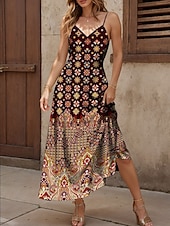 billiga Boho klänningar-Dam Maxiklänning A linjeklänning Slipklänning Semester Ledigt Boho Strand Normal Grafisk Årgång Boho Paisley Damask Ärmlös V-hals Rodnande Rosa Rubinrött Blå Purpur Sommar Vår