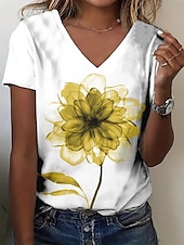 billige Blomster t-skjorte-Dame T skjorte Sommertopper Blomstret Grafisk Klassisk Fritid Kortermet V-hals Crop Tops Daglig Helg Trykt mønster Gul Rød Lilla Grønn Lyseblå Sommer Vår Høst