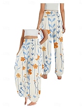 economico Pantaloni-Per donna Pantaloni ispirati al lino Gamba larga Pantaloni Stile Etnico Casual Boho Lunghezza intera Vita Alta Floreale Foglia Tropicale Tasca Elastico in vita Stampa Traspirabilità Morbido