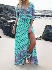 cheap Boho Dress-Women&#039;s Maxi Dress A Line Dress Casual Party Beach Regular Fit Graphic 3/4 Length Sleeve V Neck Pink Blue Green Summer Spring