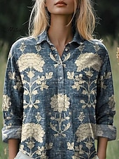 levne Boho topy-Dámské Košile Květinový Retro Geleneksel Dlouhý rukáv Košilový límec Běžné topy Denní Dovolená Knoflíky Kapsy Tisk Námořnická modř Vodní modrá Khaki Béžová Léto