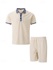 cheap Sports-Men&#039;s Waffle Polo Shirts Golf Shirt Work Casual Lapel Short Sleeve Basic Modern Color Block Patchwork 2 Piece Summer Regular Fit Black White Royal Blue Khaki Gray Waffle Polo Shirts