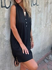 preiswerte Einfaches Kleid-Damen Mini Kleid Sommer Kleid Unifarben Lässig Täglich Reguläre Passform Grafik Ärmellos V-Ausschnitt Schwarz Blau Beige Grau Sommer