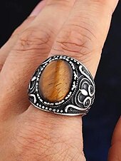 abordables Bijoux pour hommes-Bague vintage en acier inoxydable pour homme avec pierre œil de tigre, design tribal en argent antique, bague audacieuse, adaptée aux occasions décontractées et formelles
