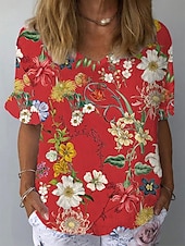 tanie koszulka w kwiaty-Damskie Koszula Kwiaty Motyl Codzienny Elegancki Styl plażowy Krótki rękaw W serek Zwykłe topy Codzienny Święto Stroje plażowe Nadruk Czerwony Pomarańczowy Zielony Beżowy Lato Wiosna