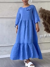 olcso design pamut és len ruhák-Női maxi ruha nyári ruha laza mindennapi normál fazon sima len-szerű 3/4 hosszú ujjú kerek nyakú fehér rózsaszín kék bézs nyári