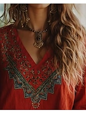 abordables Tops Boho pour Femmes-Blouse Boho Femme Graphique Florale Bohémienne Vintage Tropicale Manches 3/4 Décolleté en V Tops Réguliers Rouge Été Printemps