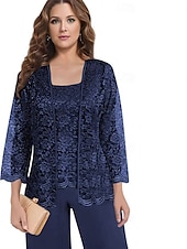 preiswerte Unter 129,99 $-Hosenanzug Brautmutter Kleid Hochzeitsgast Elegantes Quadrat-Ausschnitt Bodenlang Polyester Spitze Lange Ärmel mit einfarbigem Material