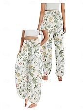 billiga Grafisk linnebyxa i bomull-Dam Linneinspirerade byxor Brett skaft Byxor Etnisk Stil Ledigt Boho Fullängd Hög midja Blommig Ficka Elastisk midja Tryck Mateial som andas Mjuk Microelastisk Utomhus Yoga Vit Ljusgrön Rosa Marinblå
