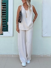 preiswerte Blusenanzüge für Damen-Damen Aktiv Basic Baumwoll-Leinen-Sets Bluse Hosen-Sets Ärmellos V Ausschnitt Einfarbig Täglich Alltagstauglich Wein Königsblau Beige Sommer Normale Passform