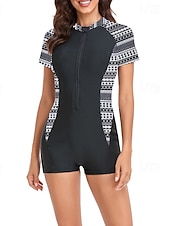 abordables Maillots de bain une pièce-Femmes Maillots de Bain Une Pièce Maillot de bain Zip Up Patchwork Tropical Tenues de plage Fleur Col rond Manches courtes Maillots de bain