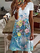 preiswerte Blumenkleid-Damen Minikleid A Linie Kleid Sommerkleid Lässig Täglich Normale Passform Blumen Grafik Kurzarm V Ausschnitt Schwarz Weiß Rosa Blau Sommer