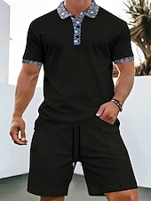 cheap Sports-Men&#039;s Waffle Polo Shirts Golf Shirt Work Casual Lapel Short Sleeve Basic Modern Color Block Patchwork 2 Piece Summer Regular Fit Black White Royal Blue Khaki Gray Waffle Polo Shirts