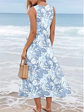ieftine Rochii boho-Pentru femei Rochie Maxi Rochie de Vară Rochie A line Rochie Slip Rochie plisata Vacanță Casual Boho Ieșire Plajă Fit regulat Floral Grafic Fără manșon În U Albastru piscină Vară Primăvară