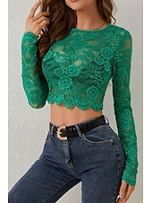 olcso Csipkés felsők-Női Blúz Csipke felsők Sima Elegáns Stílusos Hosszú ujj Terített nyak Crop Tops Napi Alkalmi Csipke Fehér Lóhere Nyár