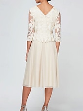 abordables Longueur du thé-Robe Mère de la Mariée A-Line Élégante Simple Minimaliste Col Arrondi Longueur Thé Chiffon Dentelle Manches Mi-Longues avec Appliques en Dentelle Florale Robe Midi 2025