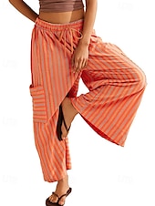 abordables jambe large et taille haute-Femmes Slacks Pantalons Streetwear Occasionnel Longueur complète Naturel Rayé Avec Poches Conception à cordon élastique Confortable Extérieur Rue Sortir Rouge orangé Bleu ciel clair Marine fonc