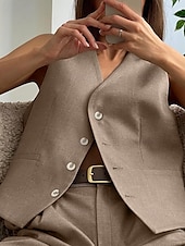 abordables Ensembles chemisiers pour femmes-Femmes Actif Mode Chemisier Gilet Ensembles de Pantalons Sans manches Col en V Couleur Unie Dubbele Rij Knopen Extérieur Fête Noir Marron Gris Été Coupe régulière