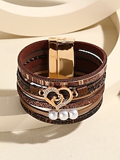 abordables Bracelet pour femme-Bracelet magnétique en similicuir pour femme – Bracelet manchette en alliage avec breloque cœur et perle et texte inspirant, bijou tendance style bohème, idéal pour la fête des mères, les anniversaires et les tenues décontractées.