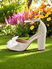 cheap Wedding Sandals-Women&#039;s White Glitter Block Heel Wedding Sandals with Ankle Strap and Satin Bow – Elegant Open Toe Bridal Shoes for Garden Ceremonies and Outdoor Events
