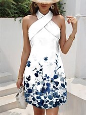 preiswerte Blumenkleider-Damen Minikleid Sommerkleid A Linie Kleid Halterkleid Urlaub Lässig Ausgehen Normale Passform Blumen Grafik Ärmellos V Ausschnitt Schwarz Weiß Blau Grün Sommer