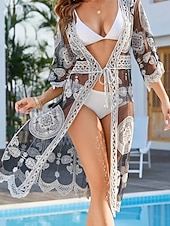 preiswerte Strand Tops-Damen Badeanzug Überwurf Bademode Spitze Patchwork Tropisch Strandbekleidung Einfarbig V-förmiger Draht-Ausschnitt Kurze Ärmel Badeanzüge