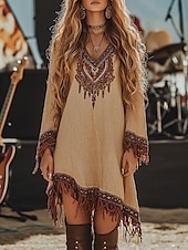 levne Boho šaty-Dámské Midi šaty Boho šaty Šaty s potiskem Westernové šaty Módní Moderní Venkovní Dovolená Běžný Květiny Dlouhý rukáv Do V Khaki Léto