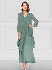 cheap With Jacket-Green Blue Pink Two Piece A-Line Dress Sets Mother of the Bride Dress Elegant Crew Neck Ankle Length Chiffon Long Sleeve Jacket Dresses with Lace Ruffles Tier 2025