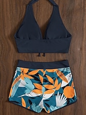 preiswerte Bikini-Sets-Womens Badeanzüge Bikini 2 Teile Shorts Badeanzug Rückenfrei Schlank Urlaub Strandmode Floral Halterhals Ärmellos Badeanzüge