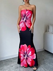 cheap Elegant Floral Dresses-Women&#039;s Long Dress Maxi Dress Prom Dress Bodycon Summer Dress Elegant Fashion Party Holiday Date Regular Fit Flower Sleeveless Strapless Red Blue Summer Spring