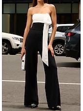 baratos Ternos e Macacões-macacão vestido de noite elegante vestido formal para convidados de casamento comprimento até o chão sem mangas ombro a ombro bloco de cores com pregas laço(s) 2025