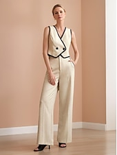 abordables Costumes-pantalons pour maman-tailleur-pantalon deux pièces en mélange de lin et de coton, couleur contrastée, pour mère de la mariée, élégant, simple, minimaliste, col en V, longueur au sol, sans manches, avec boutons, 2025