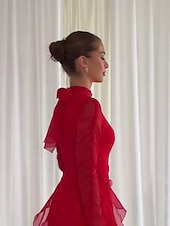 voordelige Roze-A-Lijn Roze Elegante Jurk Bruiloft Bruiloft Gast Vloerlengte Lange Mouw Hoge Hals Chiffon Met Ruffles