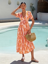preiswerte Blumenkleider-Damen Midi-Kleid Maxikleid Orange Kurzarm Geometrisch Mit Gürtel Frühling &amp; Sommer V Ausschnitt Musterkleid S M L