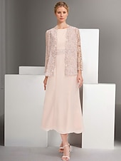 cheap With Jacket-Blue Pink Two Piece A-Line Dress Sets Mother of the Bride Dress Elegant Crew Neck Ankle Length Chiffon Long Sleeve Jacket Dresses with Lace Embroidery 2025