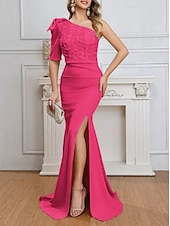 billiga Rosa-sjöjungfru / trumpet aftonklänning hög split rosa klänning formell bröllop gäst golvlängd ärmlös en axel stretch crepe med ros blomma 2025