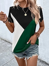 abordables T-shirt rayé et géométrique-Femmes Chemisier Géométrique Occasionnel Chaussures de plage Manche Courte Col ras du cou Hauts Réguliers Quotidien Imprimé Rose Claire Fuchsia Vert Gris Été Printemps