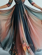 abordables Robes Bohémiennes-robe longue femme robe maxi robe décontractée robe trapèze robe fleurie robe d&#039;été robe bohème vintage vacances quotidien coupe classique floral manches longues col V bleu été