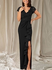 preiswerte Bodenlänge-Meerjungfrau  Trompeten Brautmutter Kleid Hochzeitsgast Eleganter V-Ausschnitt Bodenlang Chiffon Spitze Cap Ärmeln mit Spitzen Rüschen Applikationen