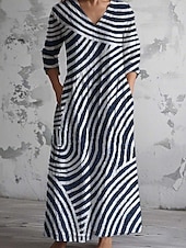 economico Abiti a Strisce e Geometrici-Per donna Abito Midi Vestito Estivo Abito Pieghettato Vacanza Casual Boho Uscire Spiaggia Abito Estivo Floreale Grafico Manica 3/4 Scollo a V Marrone Scuro Blu Verde Estate Primavera
