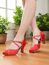 abordables Chaussures de danses latines-Chaussures de danse de salon en satin rose à strass pour femmes - Sandales à talons bas pour spectacles latins, pour mariages et entraînements