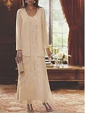 abordables Avec veste-Robe Mère de la Mariée Coupe Deux Pièces à la Plage Invité de Mariage Élégant Étincelle  Brillance Encolure en V Longueur Cheville Chiffon Sequins Manches Longues avec Sequins 2025 taille