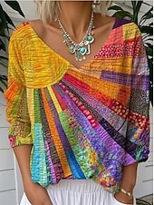voordelige Dames Strepen &amp; Geometrische Tops-Dames Blouse Grafisch Geometrisch Gestreept Elegant Tropisch Dagelijks 3/4 mouw V-hals Normale tops Dagelijks Zwart blauw Regenboog Zomer Lente