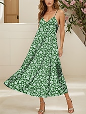 preiswerte Blumenkleider-Damen Maxikleid A Linie Kleid Sommerkleid Unterkleid Elegant Urlaub Lässig Normale Passform Blumen Grafik Ärmellos V Ausschnitt Spaghettiträger Rote Blau Purpur Grün Sommer Frühling