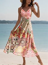 voordelige Boho Jurken-Dames Maxi-jurk Zonnejurk A lijn jurk Slipdress Vakantie Casual Boho Strand Normale pasvorm Grafisch Wijnoogst Boho Paisley Damast Mouwloos V-hals blauw Paars Oranje Groen Zomer Lente