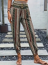 preiswerte weites Bein und hohe Taille-Damen Jogginghose Hosen Hose Urlaub Boho Volle Länge Mittlere Taille Geometrisch Elastischer Bund Atmungsaktiv Bequem Mikroelastisch Straße Alltagskleidung Ausgehen Dunkelbraun Weiß Rot Dunkelgrün