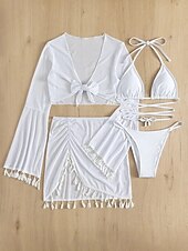 billiga Bikiniset-Kvinnors baddräkter bikini kjol baddräkt rygglös smal frans semester strandkläder enhetlig färg halterneck långärmad baddräkt