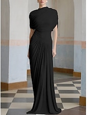 abordables BLEU-Robe de soirée colonne Bébé Robe élégante Robe formelle Invité de mariage Longueur sol Manches courtes Col haut Spandex avec châle drapé